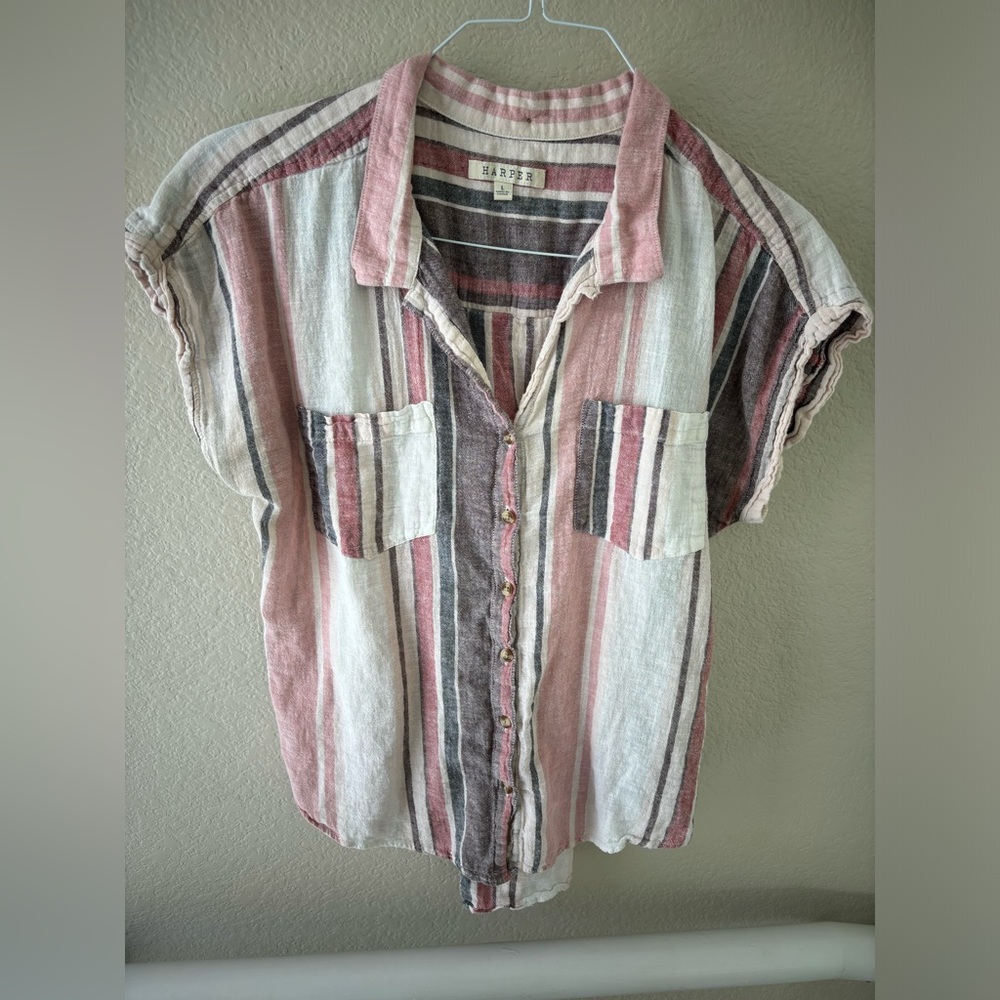Harper Striped Button-Down Shirt in Pink, White, Gray